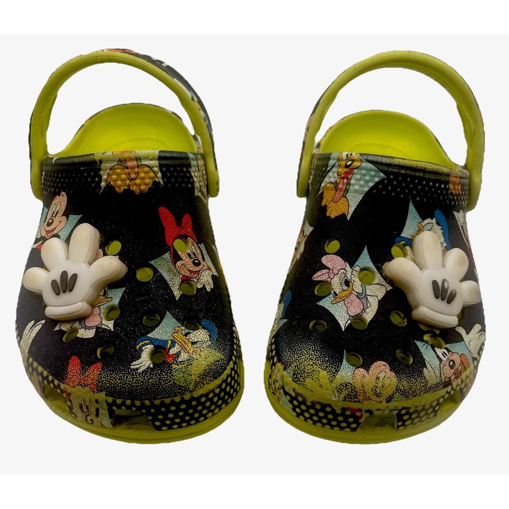Disney Mickey Minnie Crocs Kids C8 Black‎ Lime Classic Clog Jibbitz Toddler